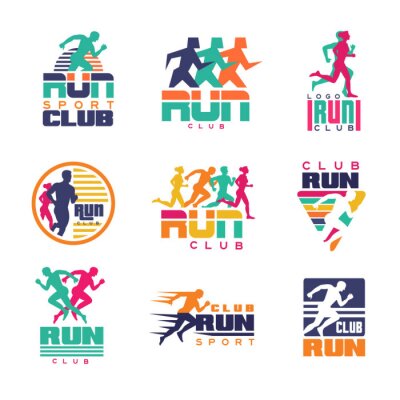 Behang Run sport club logo sjablonen set, emblemen voor sportorganisaties, toernooien en marathons kleurrijke vector illustraties