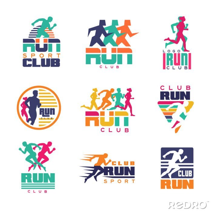 Behang Run sport club logo sjablonen set, emblemen voor sportorganisaties, toernooien en marathons kleurrijke vector illustraties