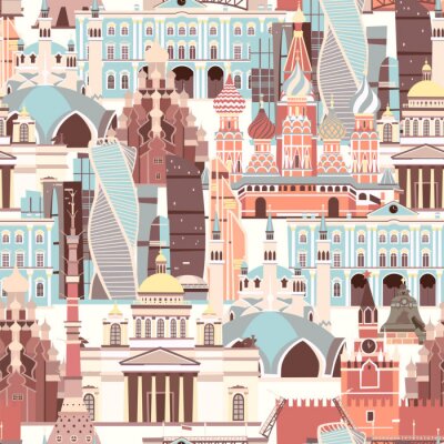 Behang Russia architecture vector pattern. Russian symbol seamless background. Street view cartoon flat style