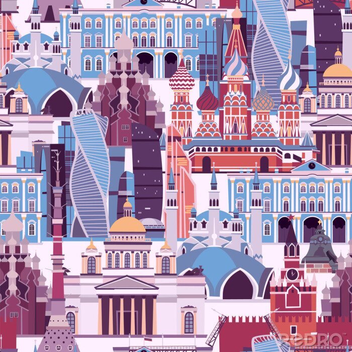 Behang Russia landmarks vector pattern. Russian symbol seamless background. Street view with Kremlin palace and St. Basil's Cathedral.  Drawbridge, museum and the Kazan Mosque illustration cartoon flat style