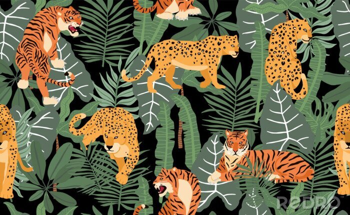 Behang Safari background with leopard,palm,tiger,leaf.Vector illustration seamless pattern for background,wallpaper,frabic.Editable element