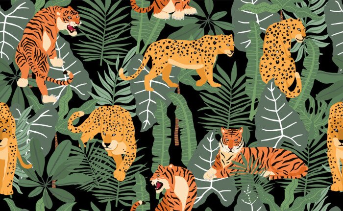 Behang Safari background with leopard,palm,tiger,leaf.Vector illustration seamless pattern for background,wallpaper,frabic.Editable element