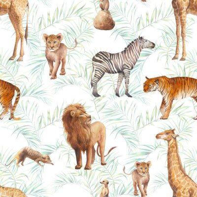 Behang Safaridieren en palmbladeren