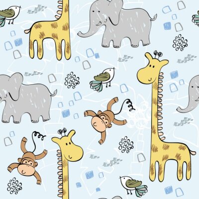 Behang Safaridieren op een blauwe achtergrond met palmbomen