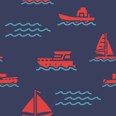Behang Sailing ship icons pattern. Marine and nautical seamless background. Summer beach seamless pattern vector illustration