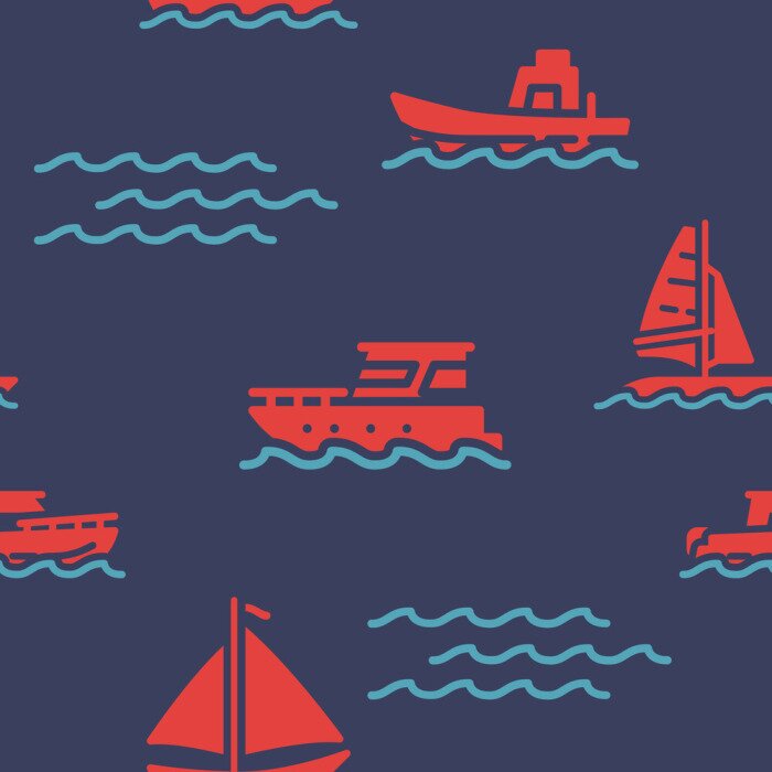 Behang Sailing ship icons pattern. Marine and nautical seamless background. Summer beach seamless pattern vector illustration