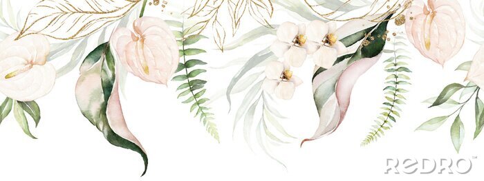 Behang Samenstelling met tropische bladeren en bloemen