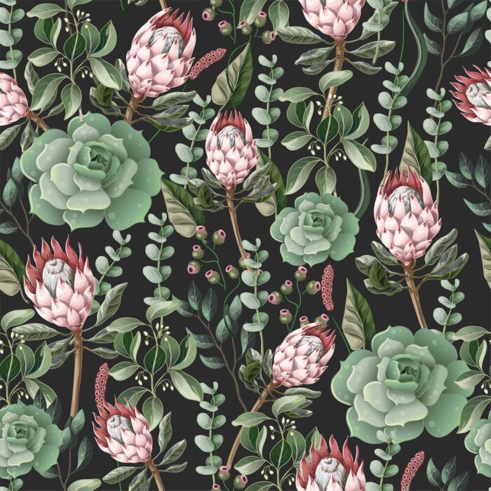 Behang Sappige bloemen en bladeren zwarte achtergrond