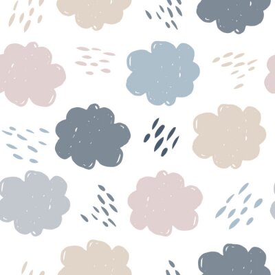 Behang Scandinavian clouds seamless pattern. Weather background. Rain backdrop. Texture for wallpaper, background, scrapbook. Vector illustration