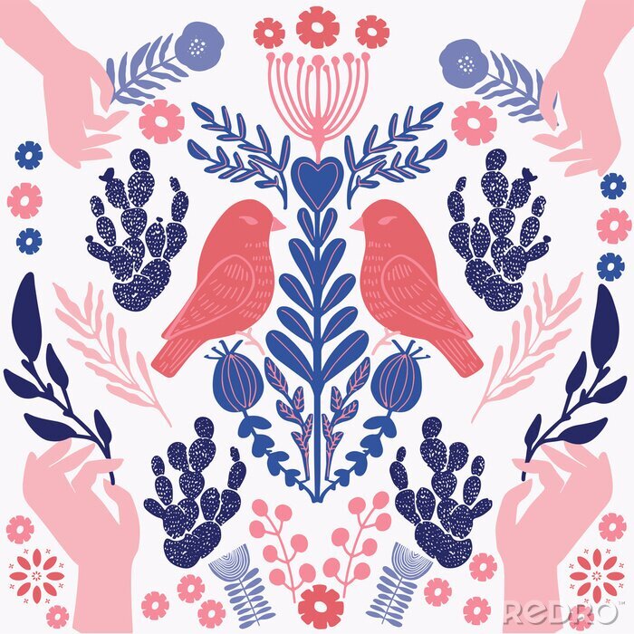 Behang Scandinavian  pattern with birds and flowers