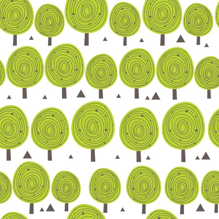 Behang scandinavië naadloze patroon met silhouetten van bomen, driehoekige vormen. en gekleurd blauw voor eco design - vector achtergrond