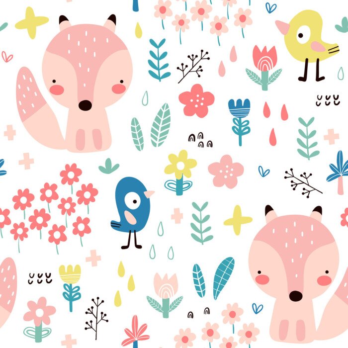 Behang Scandinavische planten en dieren op een witte achtergrond