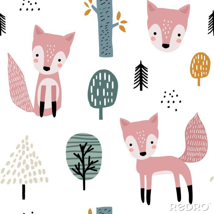 Behang Scandinavische stijl vossen en bomen