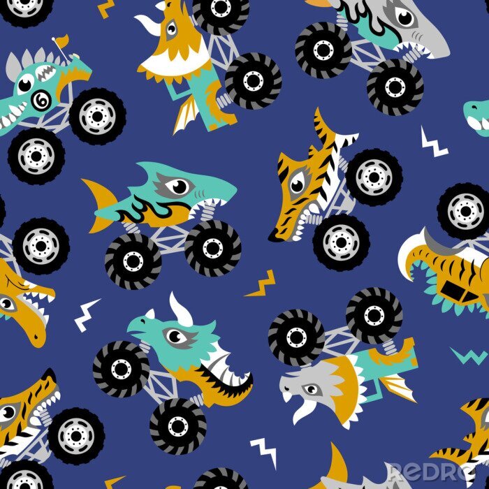 Behang Scary animal monster trucks seamless vector pattern on dark blue background.  