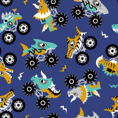 Behang Scary animal monster trucks seamless vector pattern on dark blue background.  