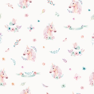 Behang Schattig aquarel eenhoorn naadloze patroon met bloemen. Nursery magic unicorn patterns. Prinses regenboog textuur. Trendy roze cartoon pony paard.