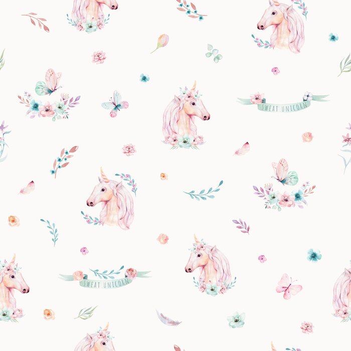 Behang Schattig aquarel eenhoorn naadloze patroon met bloemen. Nursery magic unicorn patterns. Prinses regenboog textuur. Trendy roze cartoon pony paard.
