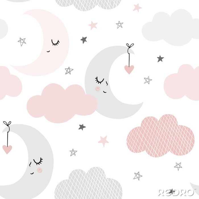 Behang Schattig hemelpatroon. Naadloos vectorontwerp met glimlachen, slaapmaan, harten, sterren en wolken. Baby illustratie.