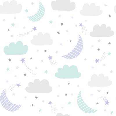 Behang Schattig nachthemel vector patroon met hand getrokken sterren, wolken en maan. Naadloze babyachtergrond.
