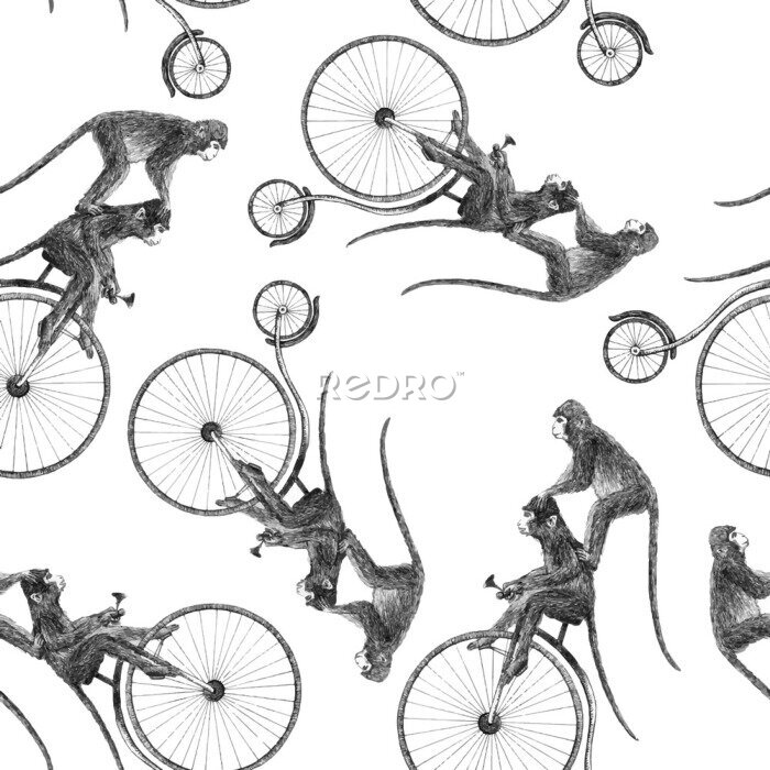 Behang Schattige apen op fietsen zwart-wit patroon
