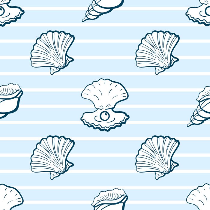 Behang Schelpen gesloten en met een parel op een gestreepte achtergrond