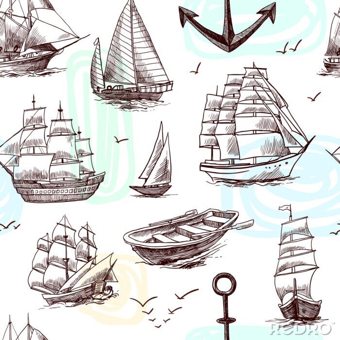 Behang Schepen en boten schetsen naadloos patroon