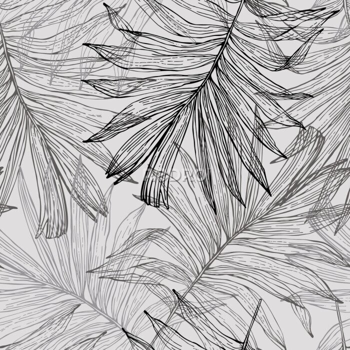 Behang Schets van exotische palmbladeren