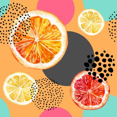 Behang Schijfjes citroen en sinaasappel op een gekleurde achtergrond met stippen