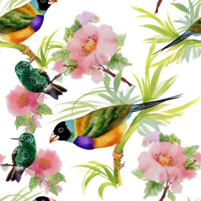 Behang Schilderachtige vogels tussen bloemen