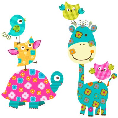 Schildpad en giraf omgeven door kleurrijke vogels