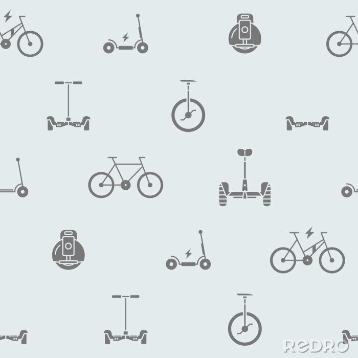 Behang Scooter and electric transport background - Vector seamless pattern solid silhouettes of vehicles for graphic design