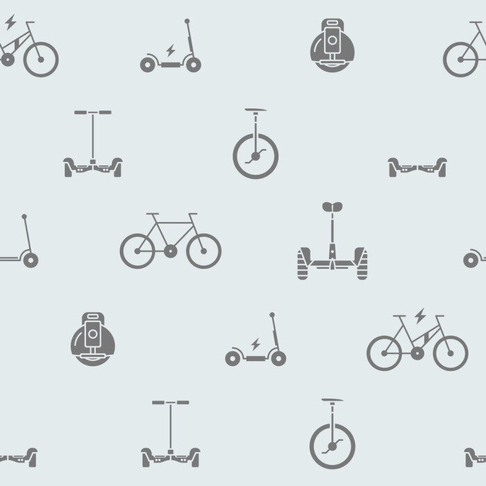 Behang Scooter and electric transport background - Vector seamless pattern solid silhouettes of vehicles for graphic design