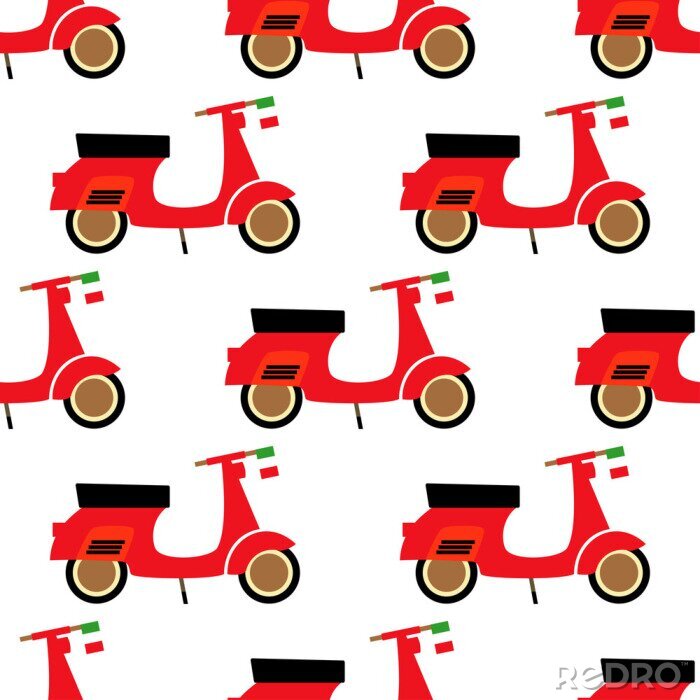 Behang Scooter naadloos patroon. Cartoon scooter illustratie op witte achtergrond. Italiaanse stijl. Jongensachtige transport achtergrond.