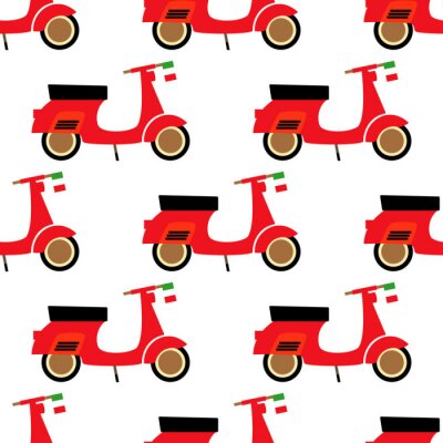 Behang Scooter naadloos patroon. Cartoon scooter illustratie op witte achtergrond. Italiaanse stijl. Jongensachtige transport achtergrond.