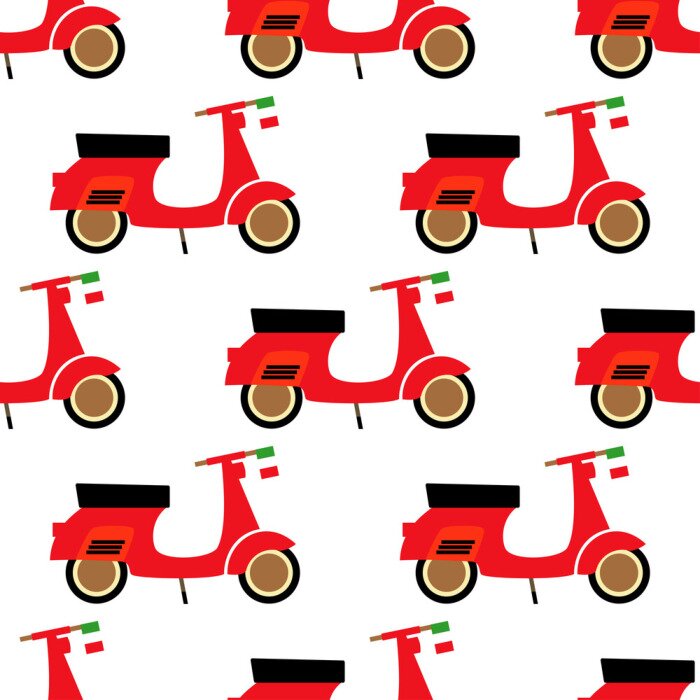 Behang Scooter naadloos patroon. Cartoon scooter illustratie op witte achtergrond. Italiaanse stijl. Jongensachtige transport achtergrond.