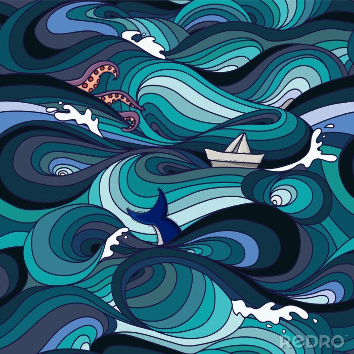 Behang sea pattern with waves, tentacles, paper boat and whale tail