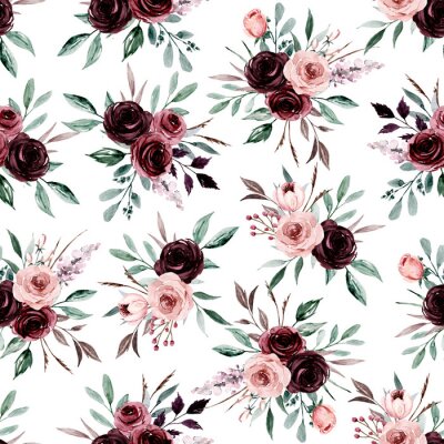 Behang Seamless background, floral pattern with watercolor flowers pink and burgundy roses. Repeat fabric wallpaper print texture. Perfectly for wrapped paper, backdrop.