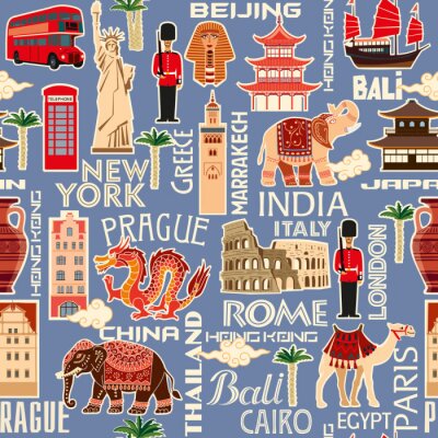 Behang Seamless background pattern of tourist objects from different countries. Vector color graphics