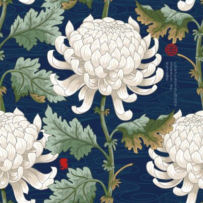 Behang Seamless background with Japanese chrysanthemums and ornament on backdrop. Inscription Autumn garden of chrysanthemums.