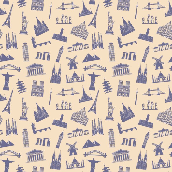Behang Seamless background with tourist attractions and architectural landmarks
