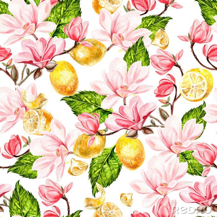 Behang Seamless background with watercolors magnolia and lemon.