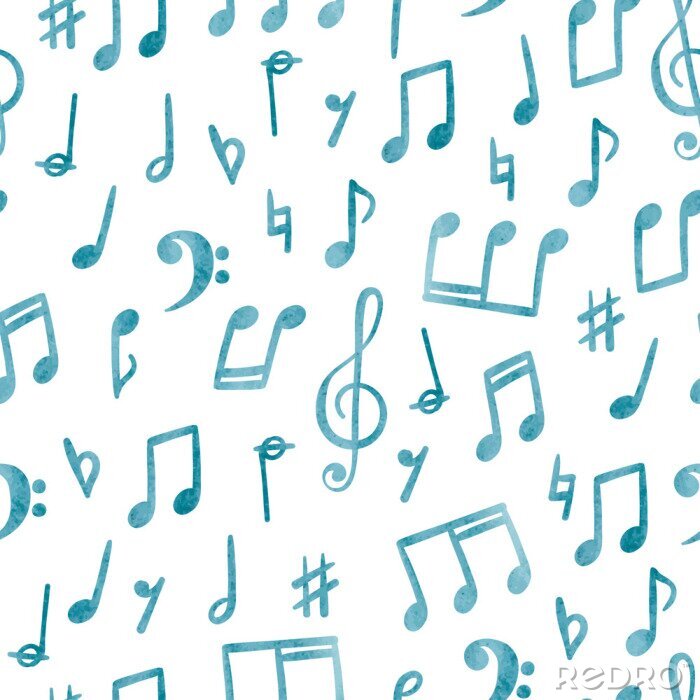 Behang Seamless blue music notes pattern. Musical watercolor background.
