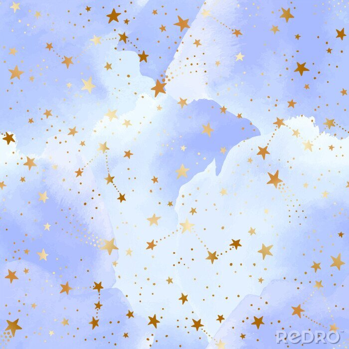 Behang Seamless blue sky pattern with gold foil constellations, stars and watercolor clouds