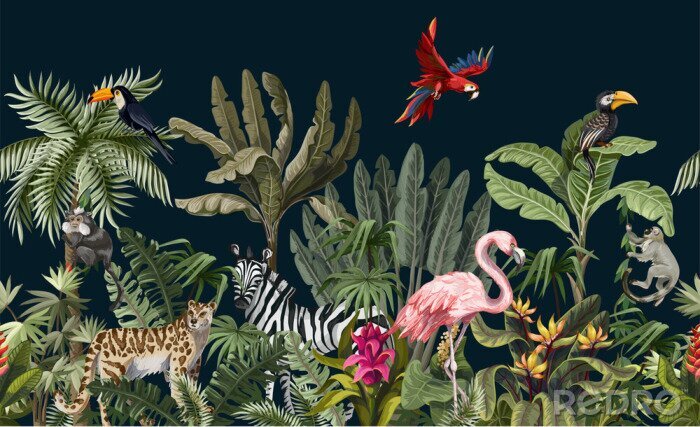 Behang Seamless border with jungle animals, flowers and trees. Vector.