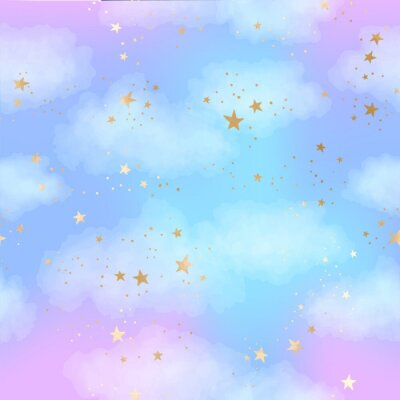 Behang Seamless bright blue and lilac sky pattern with gold constellations, stars and watercolor clouds