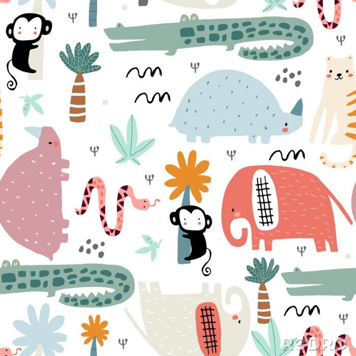 Behang Seamless childish pattern with african animals. Creative scandinavian style kids texture for fabric, wrapping, textile, wallpaper, apparel. Vector illustration