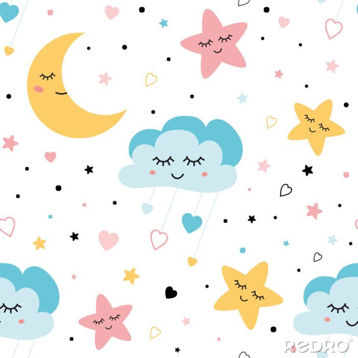 Behang Seamless childish pattern with baby stars cloud moon Kids texture fabri wallpaper background Vector illustration