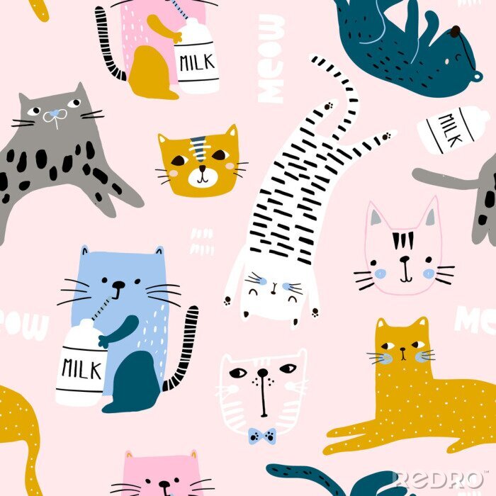 Behang Seamless childish pattern with cute cats in different poses. Creative kids hand drawn texture for fabric, wrapping, textile, wallpaper, apparel. Vector illustration