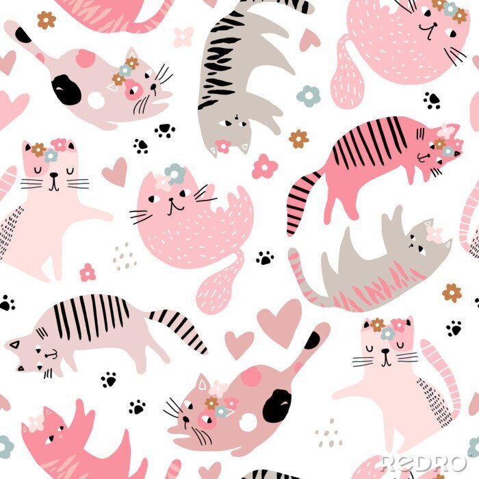 Behang Seamless childish pattern with cute girl cats . Creative kids hand drawn texture for fabric, wrapping, textile, wallpaper, apparel. Vector illustration