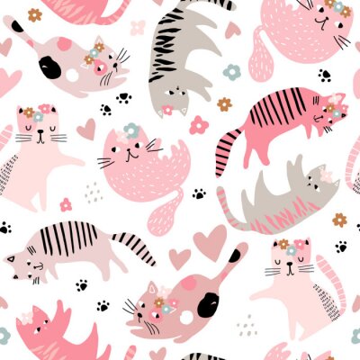 Behang Seamless childish pattern with cute girl cats . Creative kids hand drawn texture for fabric, wrapping, textile, wallpaper, apparel. Vector illustration
